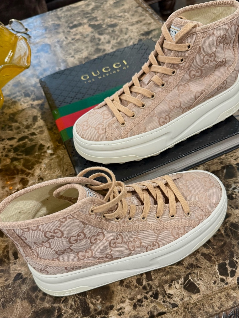 Gucci Tennis 1977 High Top GG Canvas Sneakers Pink Blush Monogram EU 38 - Picture 7 of 11